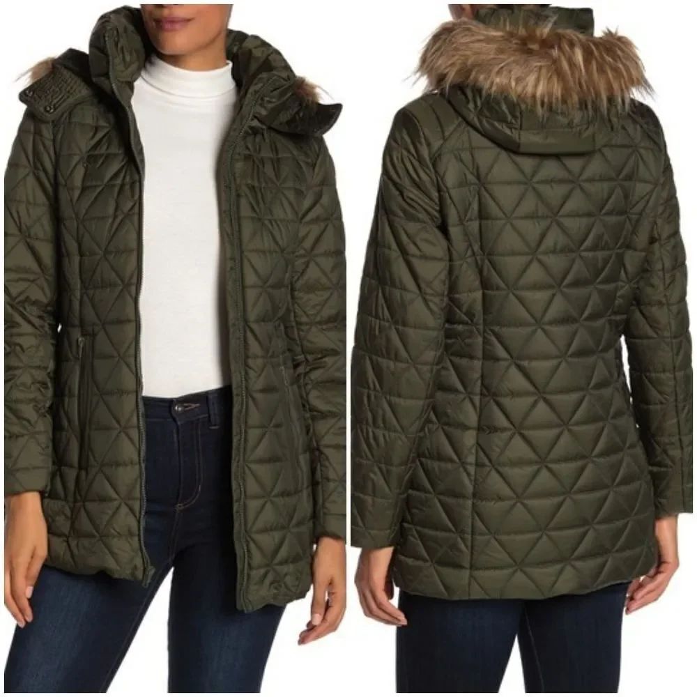 NEW Marc NY Faux Fur Trim Hood Quilted Jacket